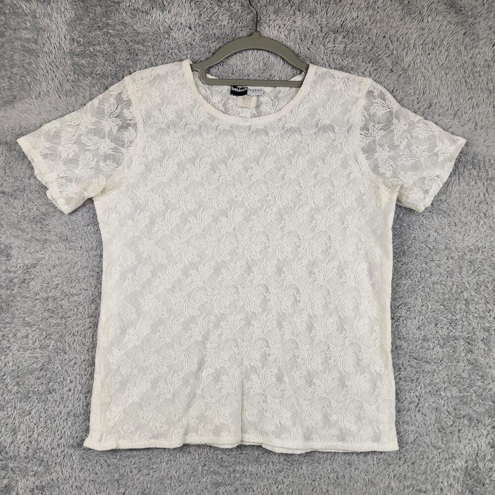 Vintage Beldoch Popper Shirt Womens Medium White Lace Sheer Floral Tee 90s USA